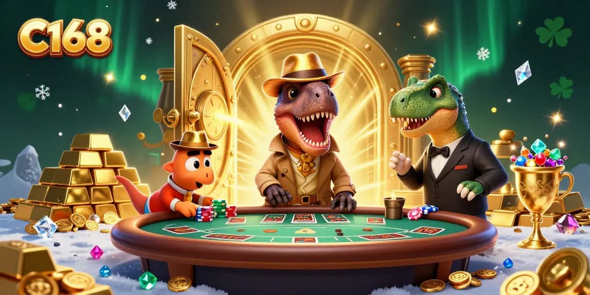Watch the C168 velociraptor card counter at the blackjack table, surrounded by treasures and action.