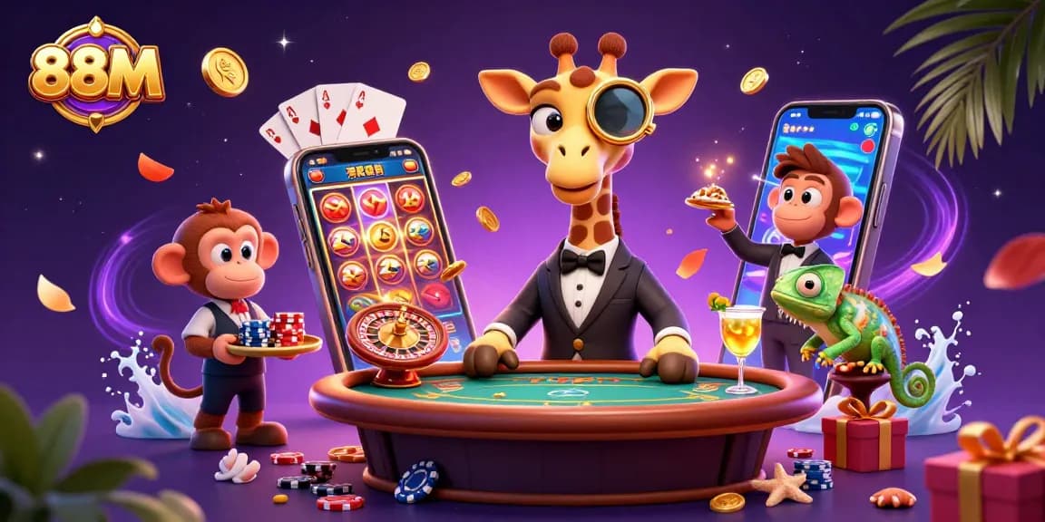 Experience the thrilling world of 88M casino with a whimsical scene showcasing fun characters and vibrant games.
