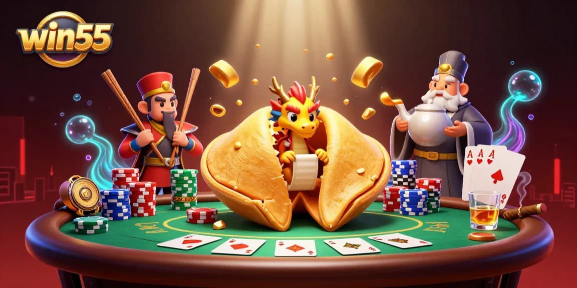 Experience thrilling moments at win55 with a golden fortune cookie and poker elements.