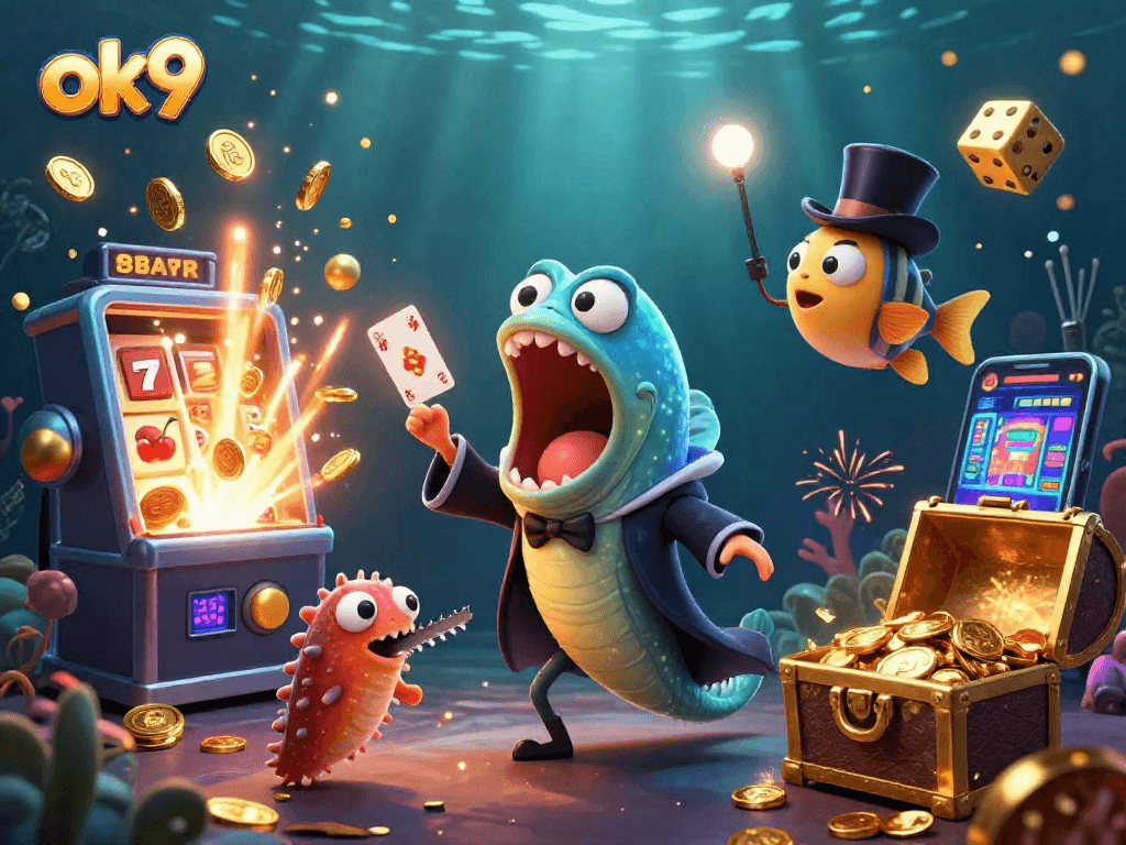 Join the fun at ok9 with a lively underwater casino scene featuring an eel magician and an anglerfish spotlight.