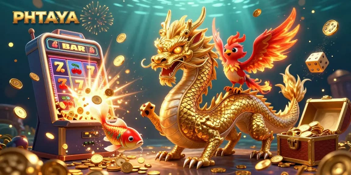 PHTAYA celebrates winning moments with vibrant 3D graphics of a golden dragon, phoenix, and koi fish amidst exciting slot machine action.