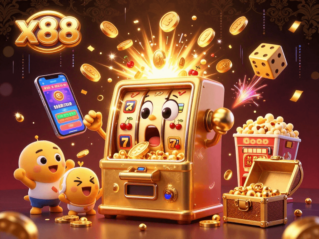 x88 slot machine hits jackpot in a vibrant casino scene filled with coins, light, and excitement