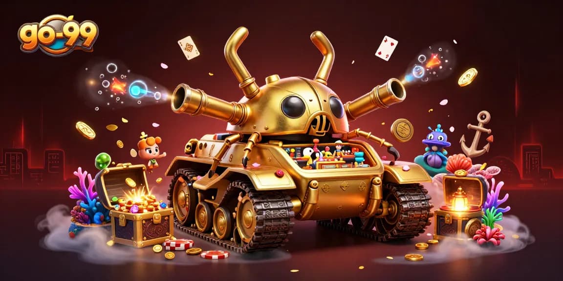 Engage with the vibrant casino world in the go-99 showcase featuring a golden beetle tank and dynamic game elements.