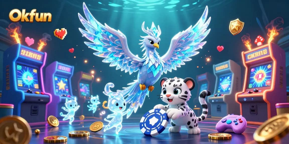 Okfun reveals an ice phoenix and playful cub, captivating gamers in a magical casino setting.