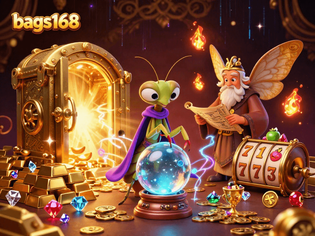 Bags168 delivers exciting slot gameplay with fortune teller characters and treasure-filled background.