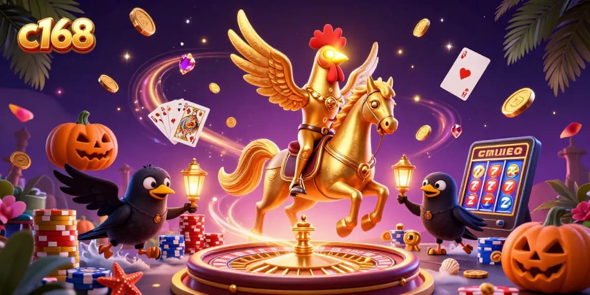 C168 promotes winning strategies in an exciting casino scene with golden rooster and enchanting elements.