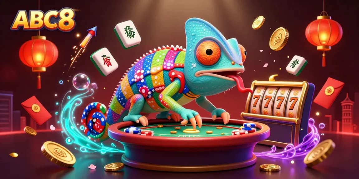 Experience thrilling casino action at ABC8 with a vibrant chameleon owner and slot games.