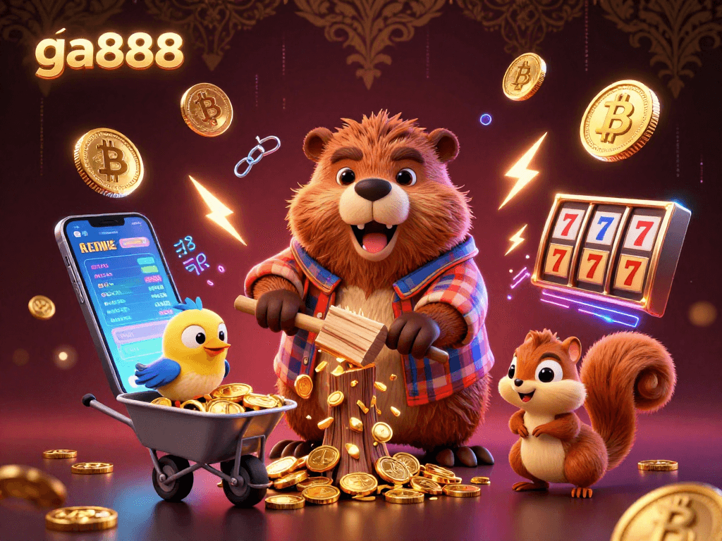 Win big with ga888 in this vibrant 3D casino-themed illustration featuring gold coins and playful characters.