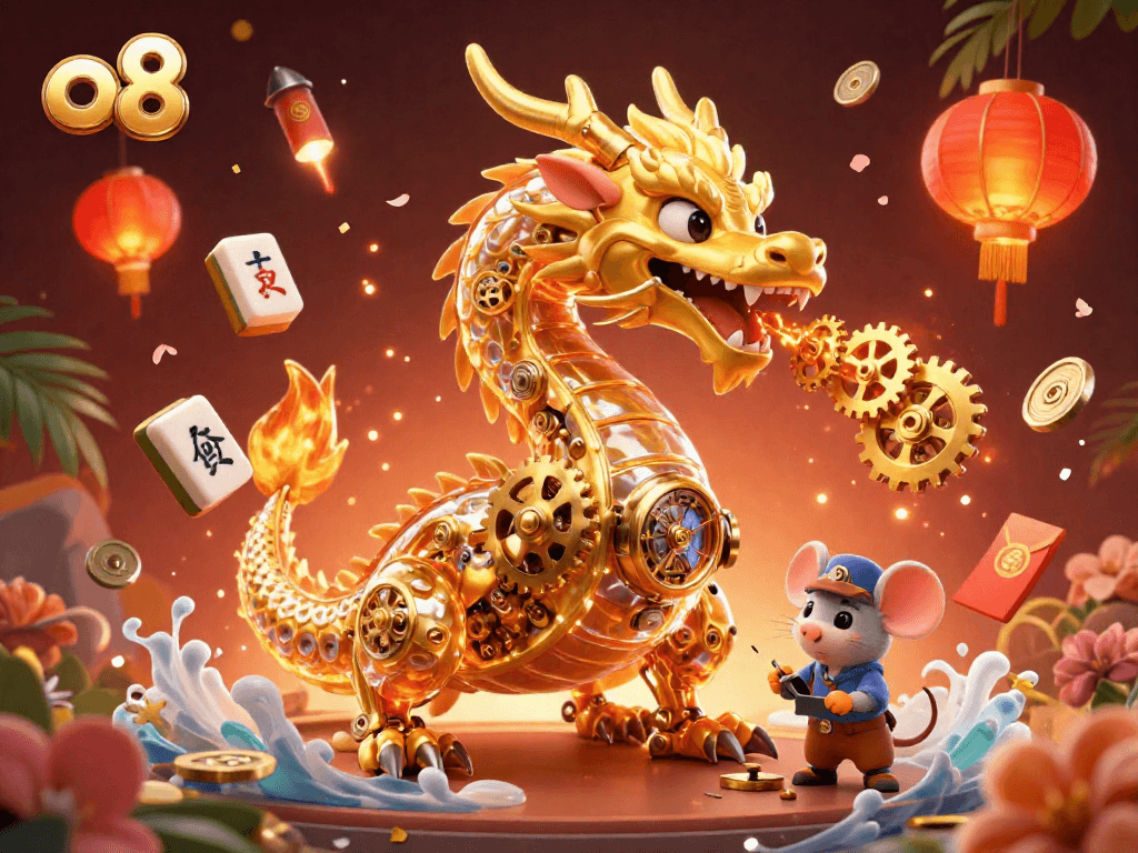 Experience the thrill at o8 online casino with a vibrant 3D illustration of a golden dragon amidst gaming elements.