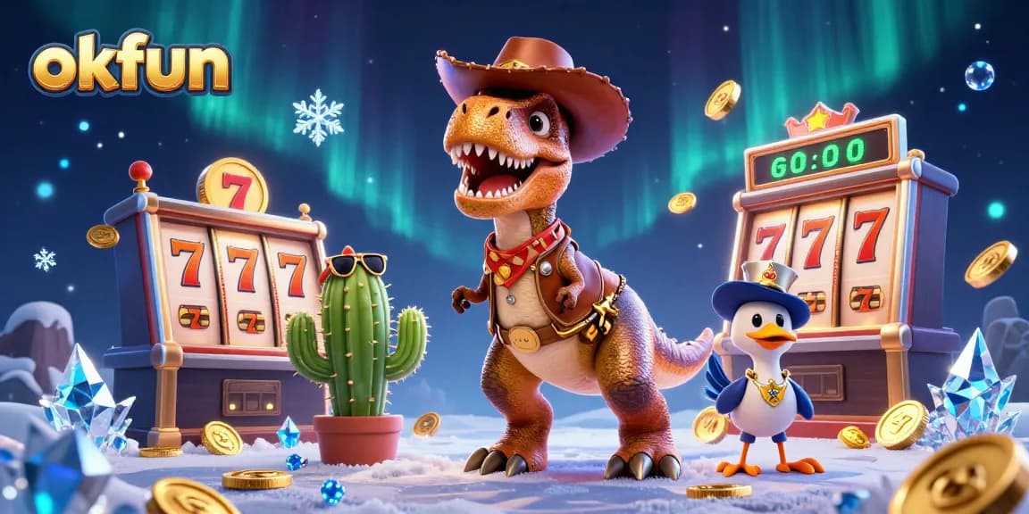 Experience excitement at okfun with a vibrant casino scene featuring a T-Rex and slot machines.