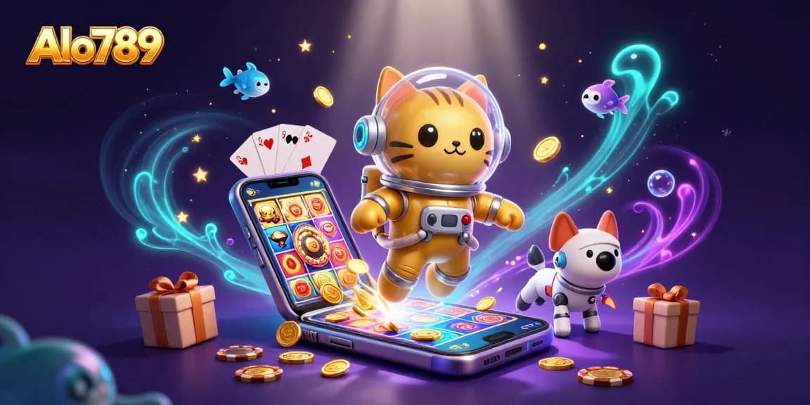 Alo789 spins thrilling slot action with a golden astronaut cat and robot dog in a stunning 3D illustration.
