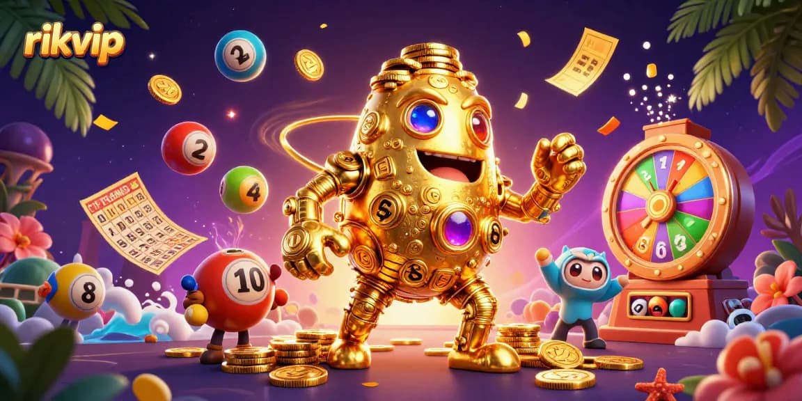 Engage with the vibrant world of rikvip, featuring golden golem and lottery elements in a dynamic casino scene.