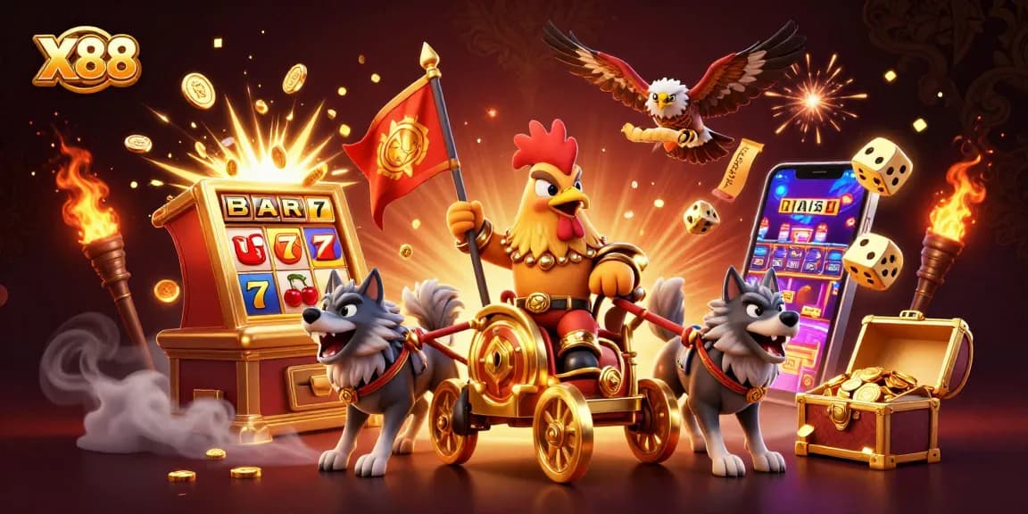 X88 engages players with a dynamic scene of a rooster warlord, slot machines, and rich casino elements.