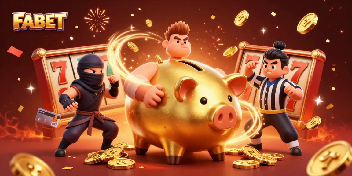 FABET showcases a thrilling slot jackpot with a golden piggy bank sumo wrestler celebrating amidst falling coins.
