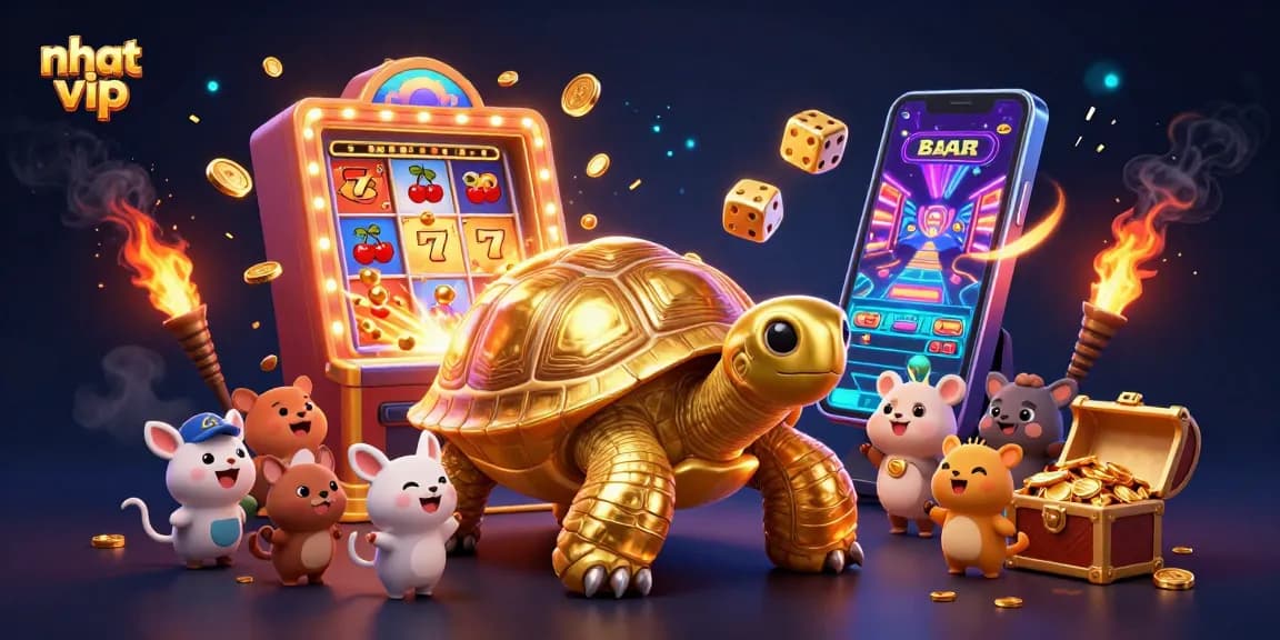 Nhat vip players engage with an exciting golden tortoise pinball machine amidst a vibrant casino scene.