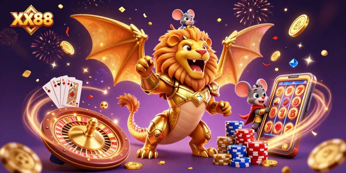 Engage with XX88's thrilling casino experience, featuring a triumphant chimera and dynamic gambling elements.