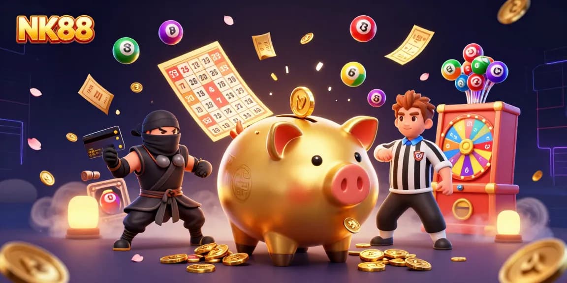 Experience thrilling jackpots at NK88 with a golden piggy bank sumo wrestler amidst a vibrant casino scene.