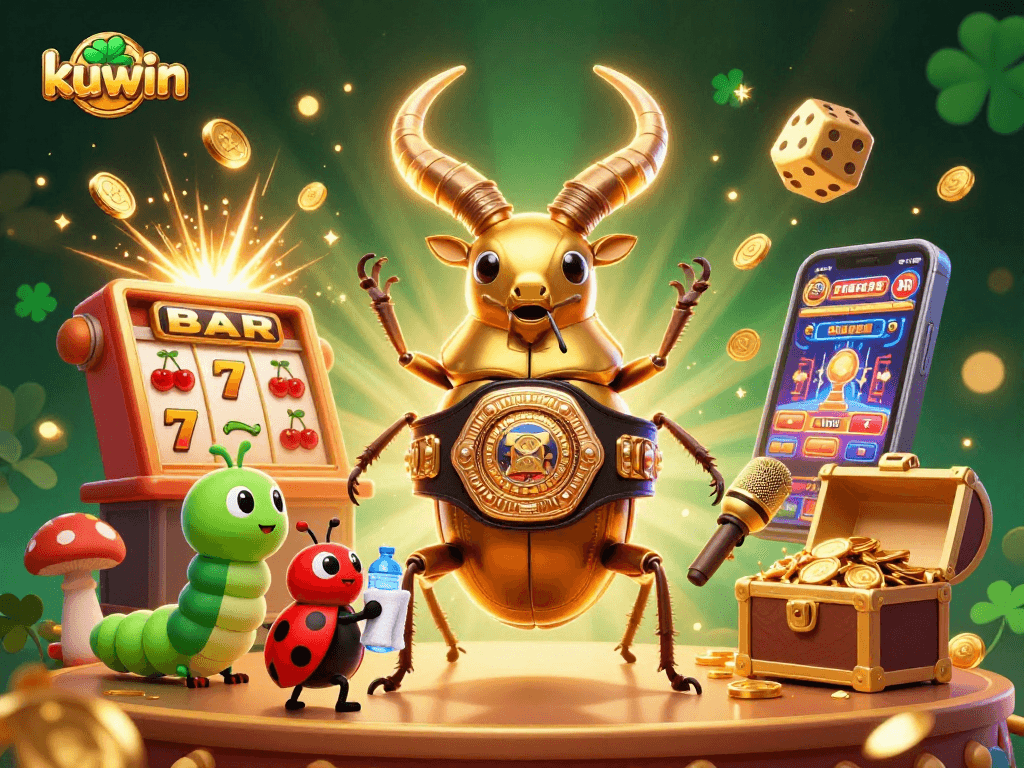 Experience thrilling gaming action with kuwin as a giant golden stag beetle battles in a vibrant casino.