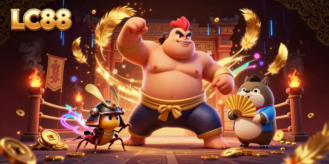 Experience thrilling gameplay with LC88 featuring a dynamic scene of a powerful sumo rooster and samurai cricket.