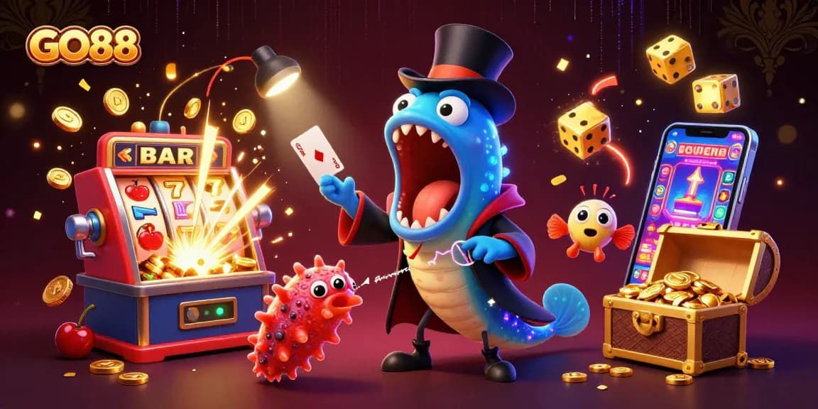 GO88 showcases a vibrant casino scene with a deep-sea eel magician and anglerfish spotlighting exciting gaming elements.