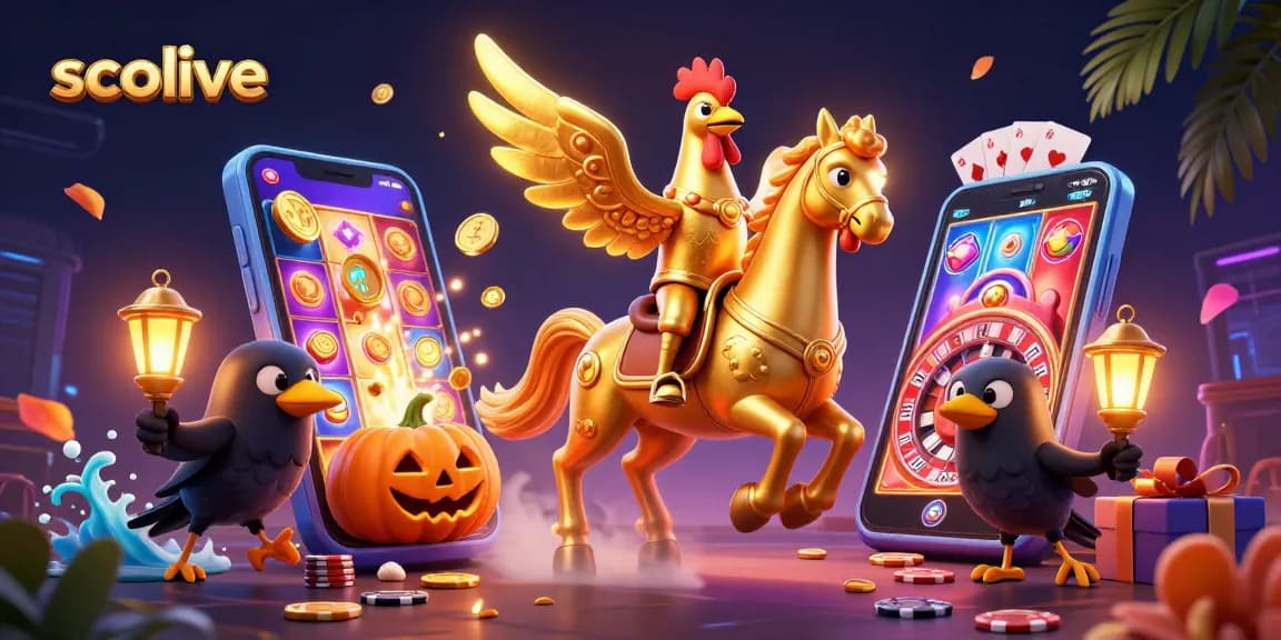 Socolive showcases dynamic gaming action with golden rooster characters amidst a vibrant casino scene.
