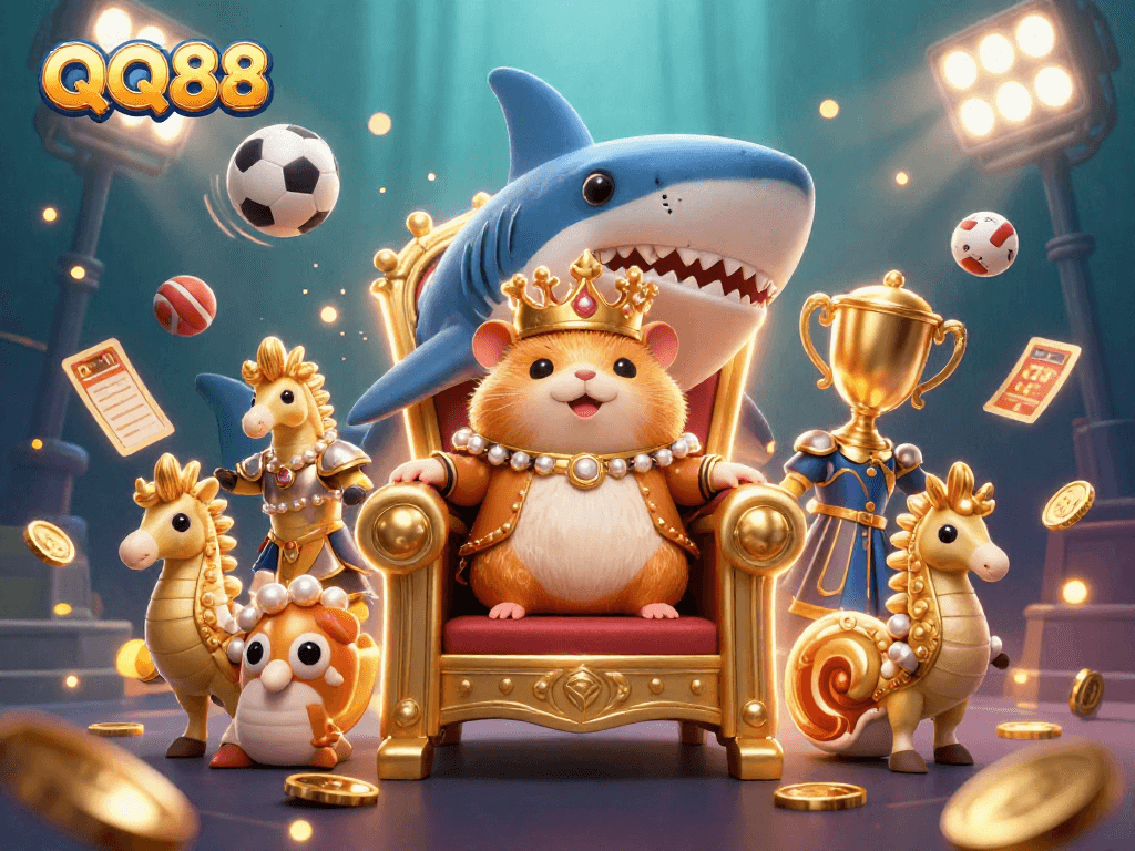 Engage in thrilling QQ88 gaming with a dynamic underwater scene featuring a hamster king and sports elements
