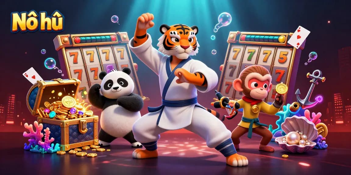 Nổ hũ jackpot excitement with a kung fu tiger and playful monkey amidst vibrant game elements.