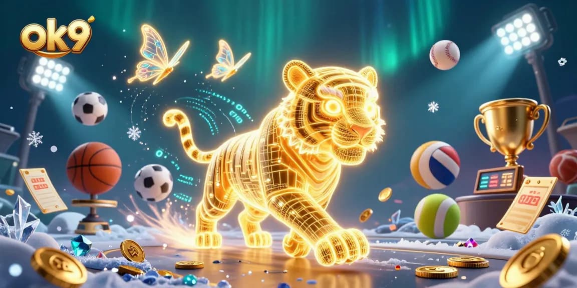 Experience thrilling action at ok9, where a golden tiger and sports elements showcase the excitement of online casino fun.