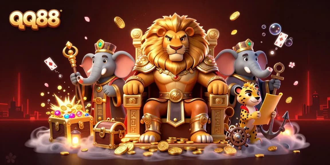 Experience thrilling gameplay with qq88, featuring royal characters and dynamic casino elements surrounding them.