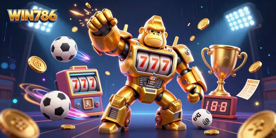 WIN786 gaming experience illustrated with a dynamic gorilla mech and sports elements in action.