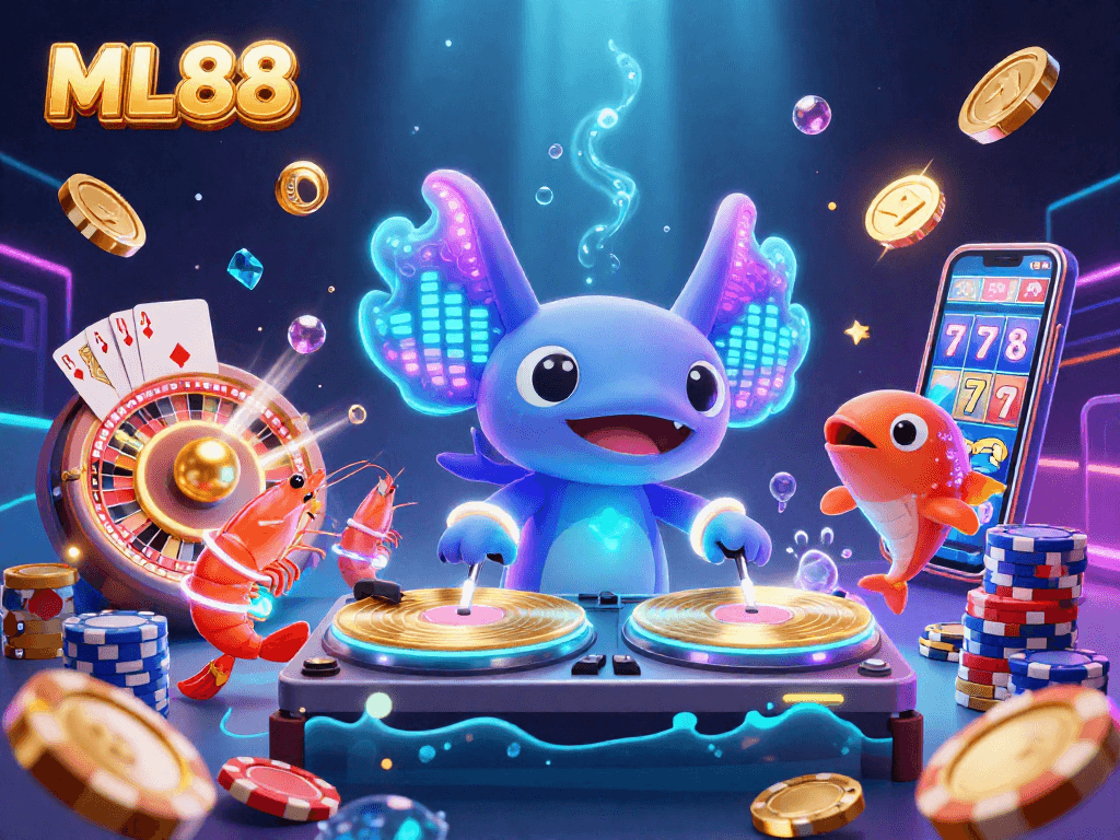 Engage with thrilling games at ML88 featuring vibrant characters in a rich 3D casino scene.