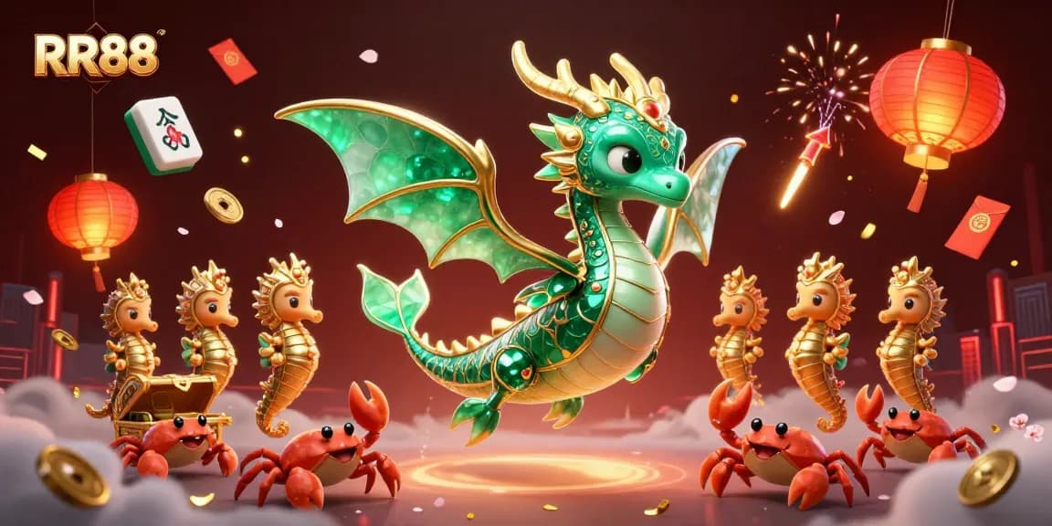 Experience thrilling action at RR88 with a majestic emerald sea dragon guarding treasures within a vibrant casino scene.