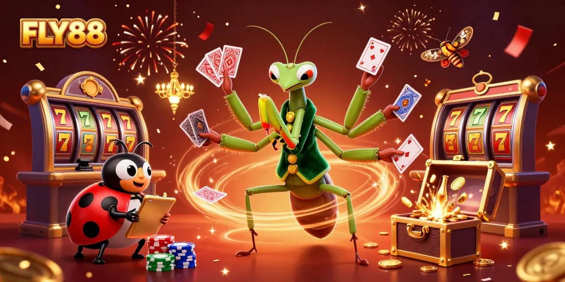 FLY88 offers a dynamic casino experience with vibrant slots and engaging characters in action.