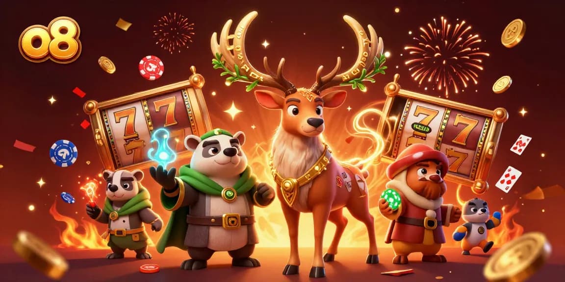 Play thrilling slots and casino games at o8 with a vibrant 3D illustration depicting excitement and fortune.
