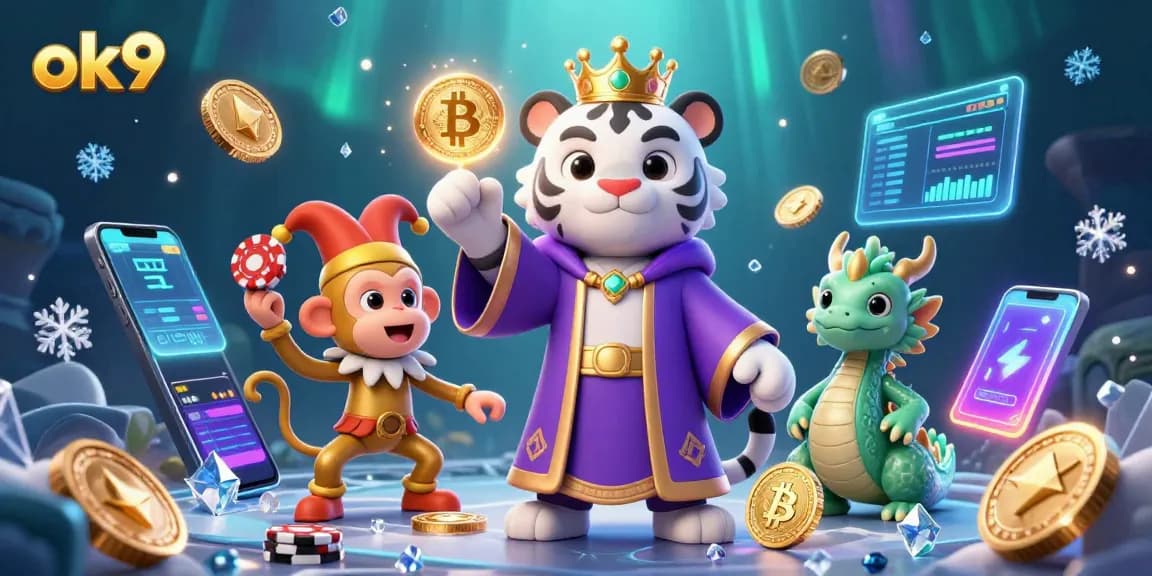 Bet on ok9 with a majestic tiger, playful monkey, and vibrant crypto coins in a dynamic casino scene.