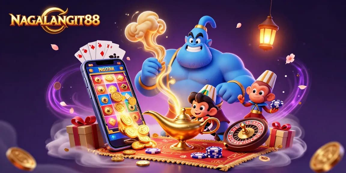 NAGALANGIT88 showcases exciting online gaming with vibrant elements like poker chips and slot games.