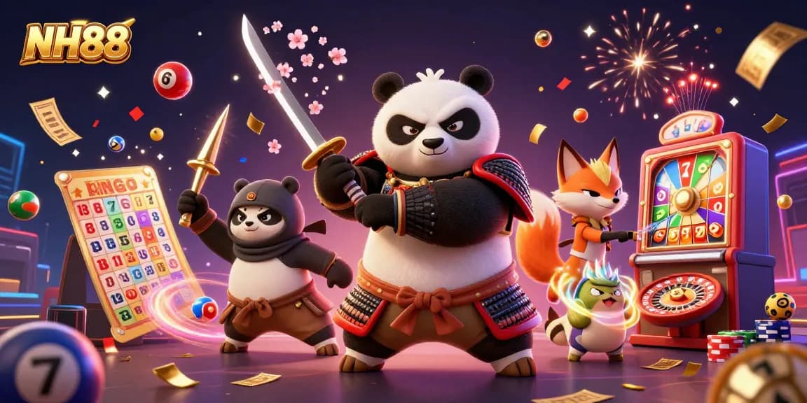 Experience thrilling gameplay at NH88 with a panda samurai and ninja fox amidst dynamic casino elements.