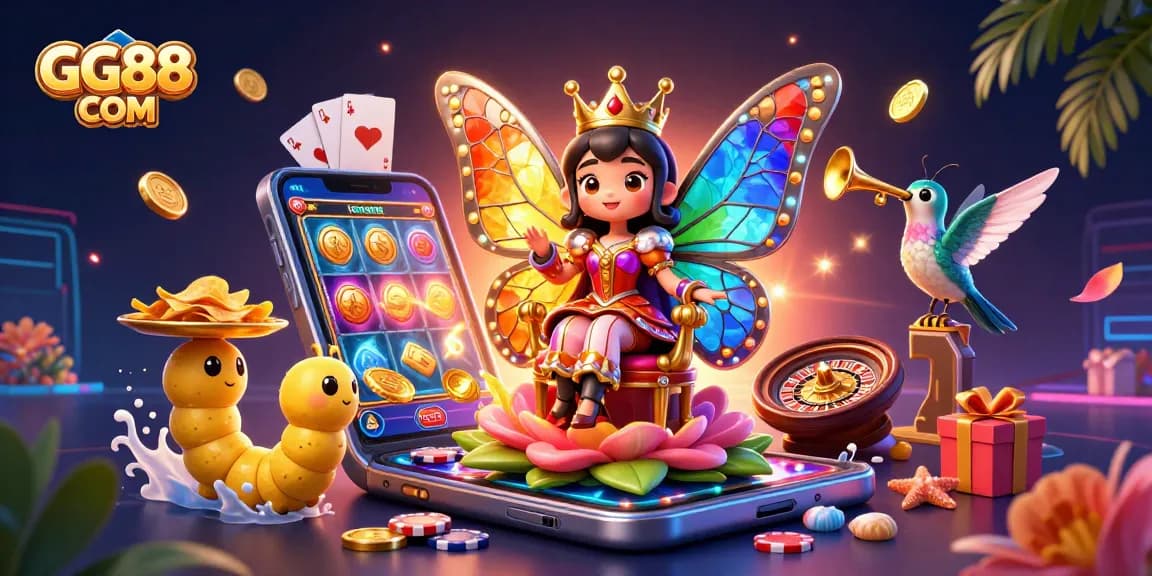 Experience the thrill of gaming at GG88 COM with captivating visuals of a butterfly queen and playful characters.