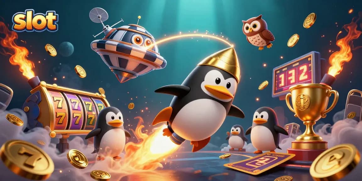 Spin the slot reels with a golden penguin racing towards a casino space station filled with coins.