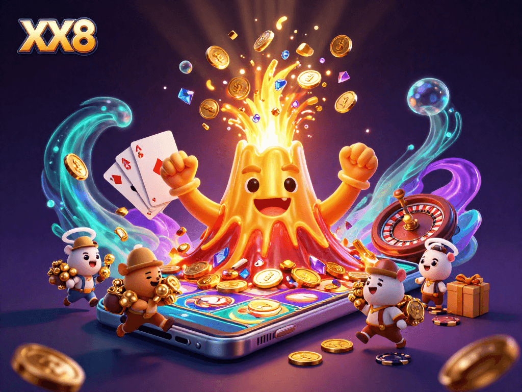 Win treasures at XX8 with a vibrant scene of a golden volcano and thrilling casino games.