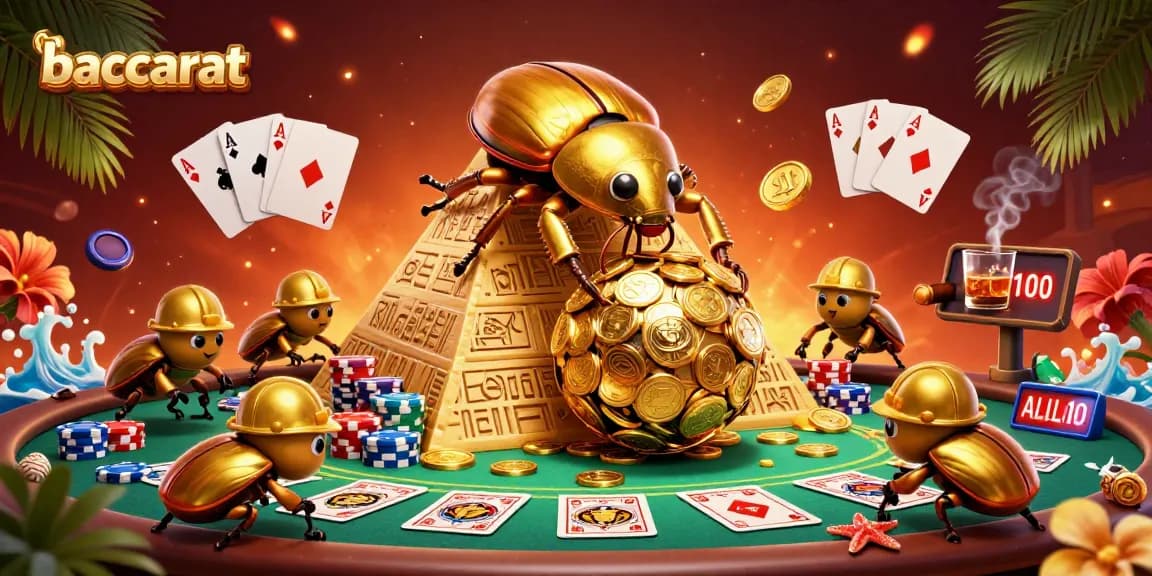 Baccarat game scene illustrating winning potential with dynamic golden beetles rolling coins together.