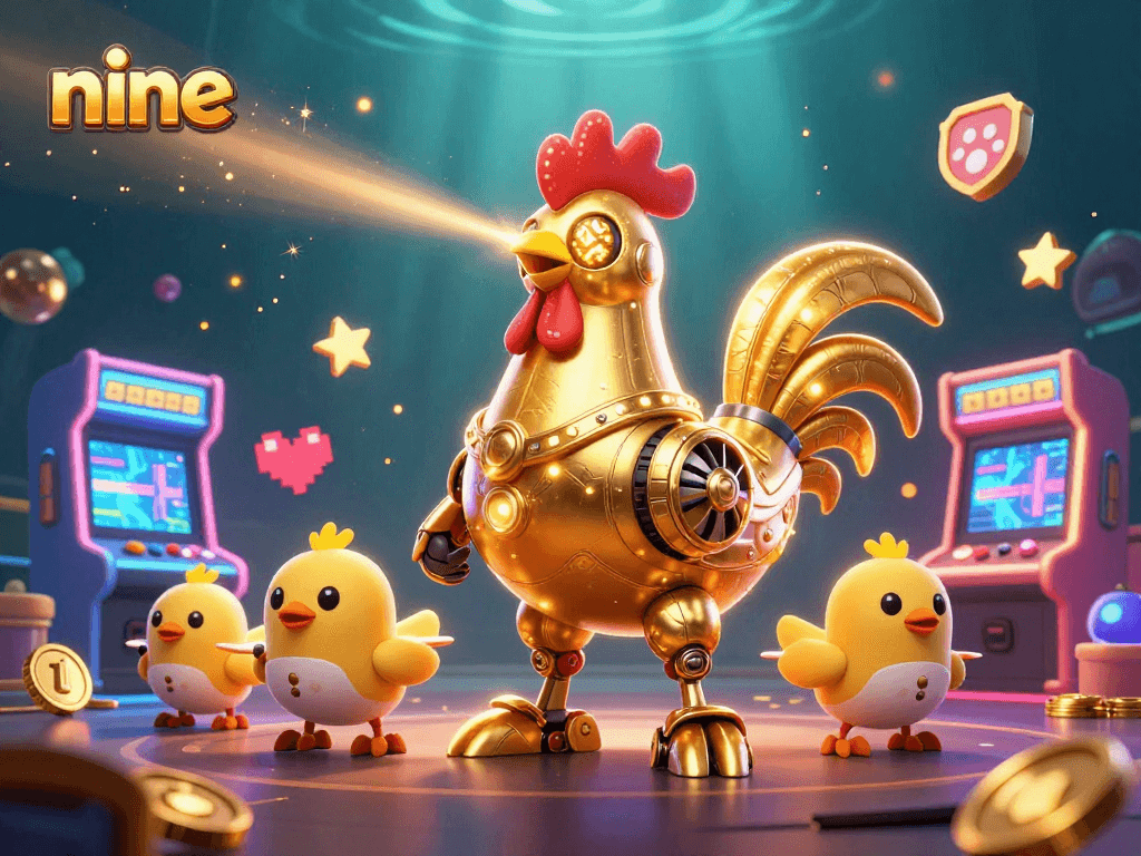 Engage in nine gameplay excitement with a golden rooster robot and adorable chicks in a vibrant casino setting.