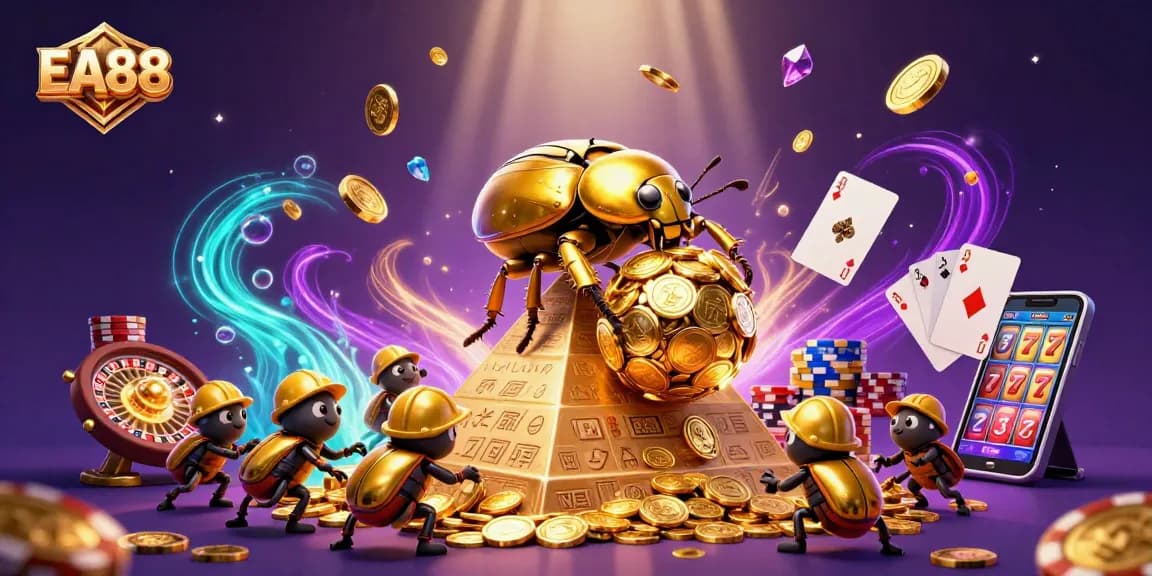 Experience the excitement of EA88 with golden coins cascading and vibrant casino elements.