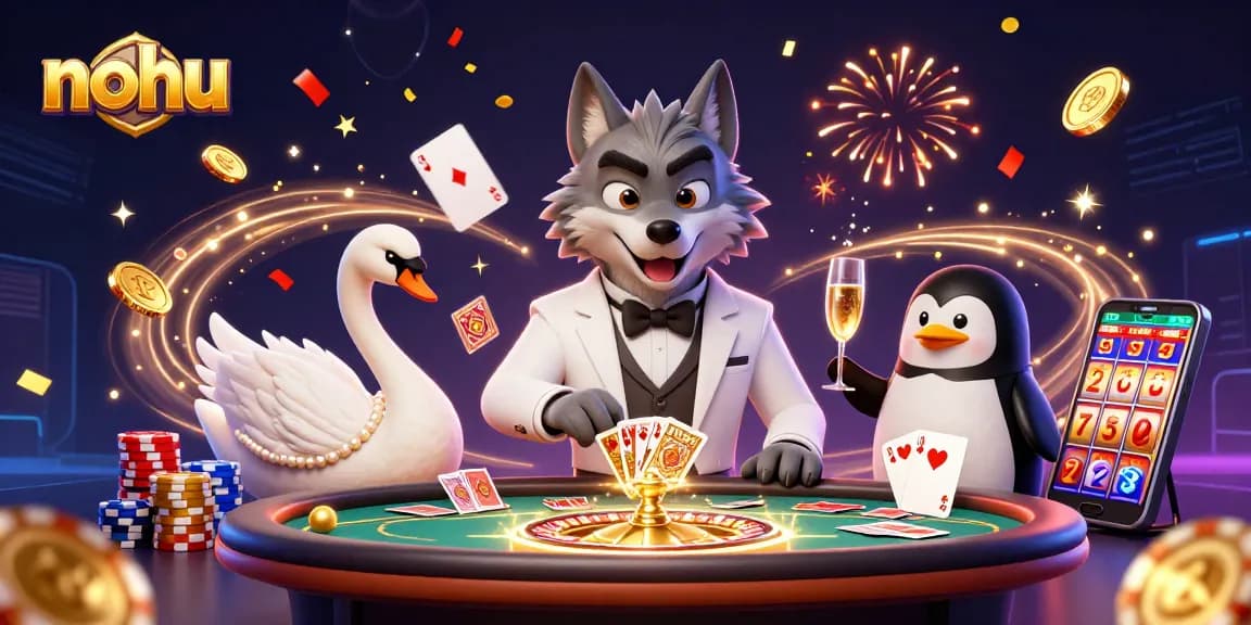 Experience the thrill at nohu with vibrant casino characters, shimmering coins, and a roulette wheel.