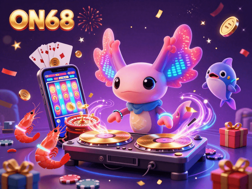 ON68's vibrant casino scene with a neon DJ axolotl and lively shrimp crew celebrating gaming excitement.