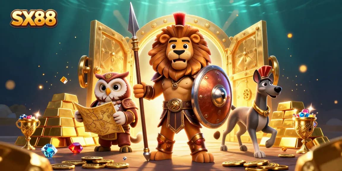 SX88 captivates with thrilling 3D gameplay featuring a Spartan lion, tactical owl, and swift greyhound amidst dazzling treasures.