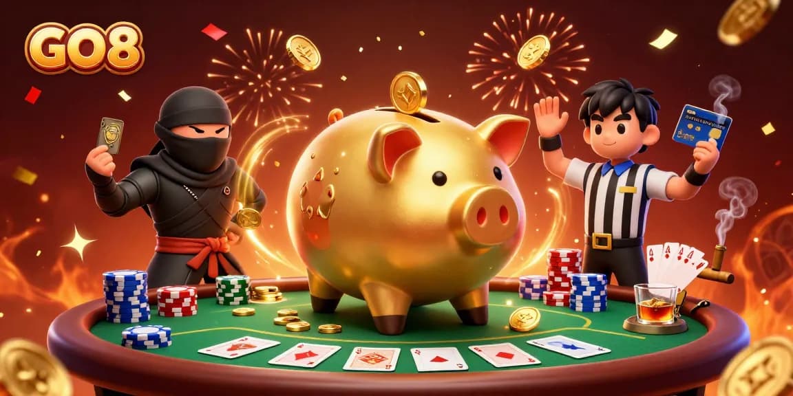 Discover winning strategies at GO8 with engaging cartoon characters in a vibrant casino scene.
