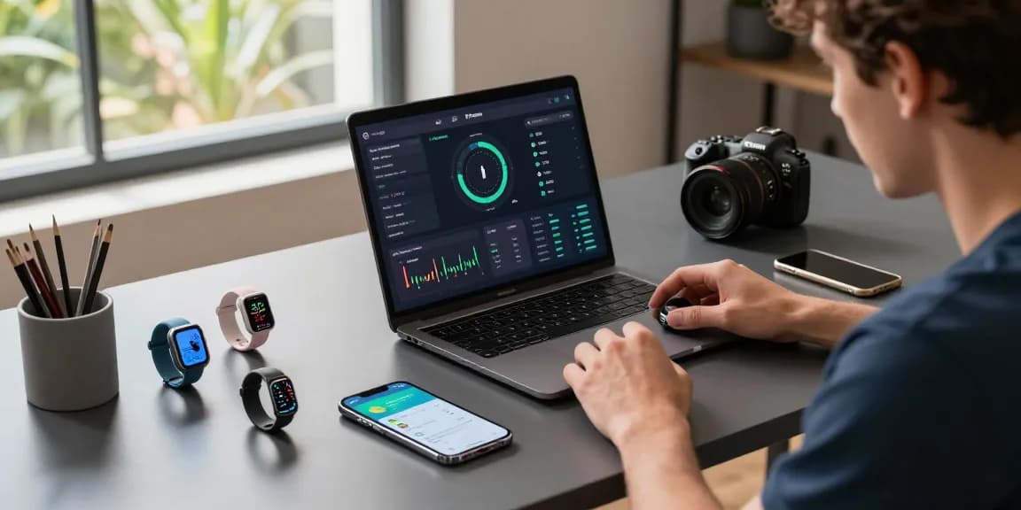 Smart ring displayed alongside tech gadgets in a modern workspace, highlighting health metrics and fitness tracking.