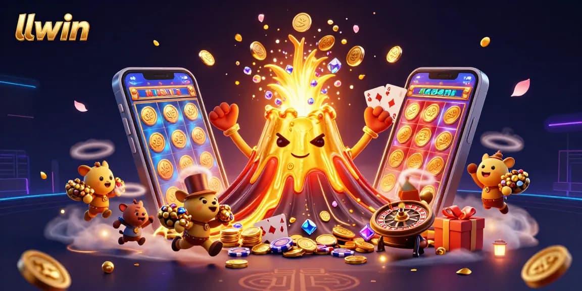 Win big with llwin in this vibrant illustration showcasing a golden volcano erupting treasures, surrounded by exciting casino elements.