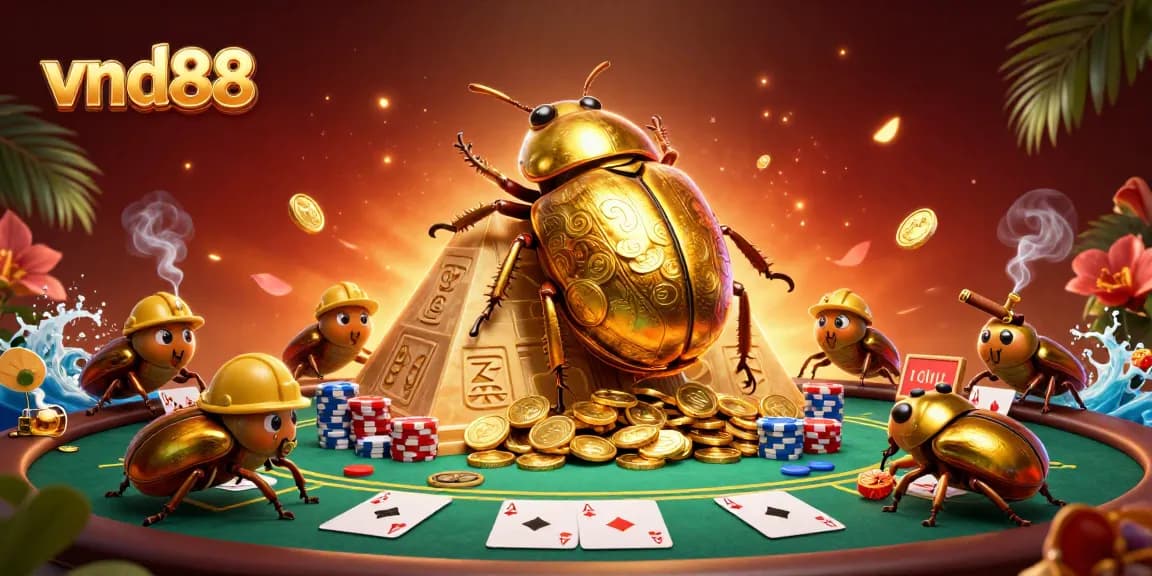 Experience the excitement of vnd88 with a vibrant casino scene featuring playful beetles and gold coins.